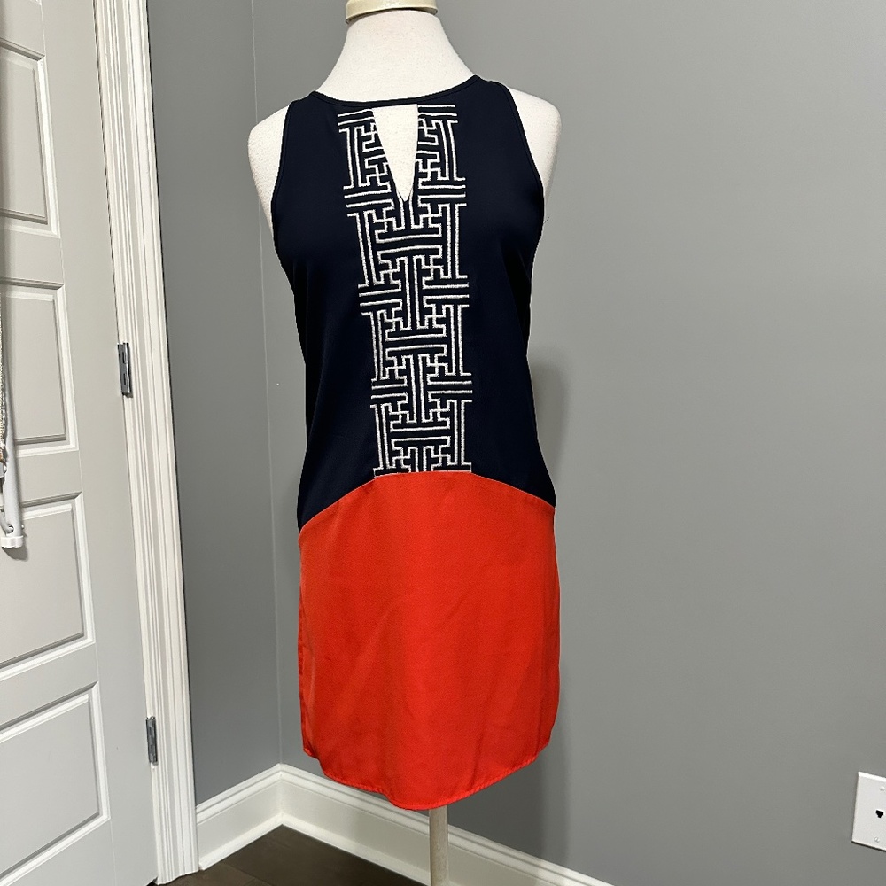 THML Dress with embroidered pattern in navy blue and orange